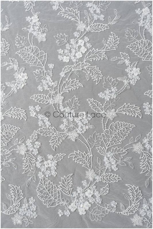 Floral pearl lace fabric off-white/ Couture lace fabric with pearls &amp; sequins/ Bridal lace with flowers// L22-450