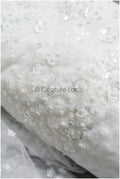 Floral pearl lace fabric off-white silver/ Bridal lace fabric with pearls &amp; sequins/ Bridal lace with flowers// L22-451