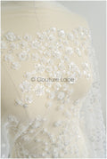 Floral pearl lace fabric off-white silver/ Bridal lace fabric with pearls &amp; sequins/ Bridal lace with flowers// L22-451