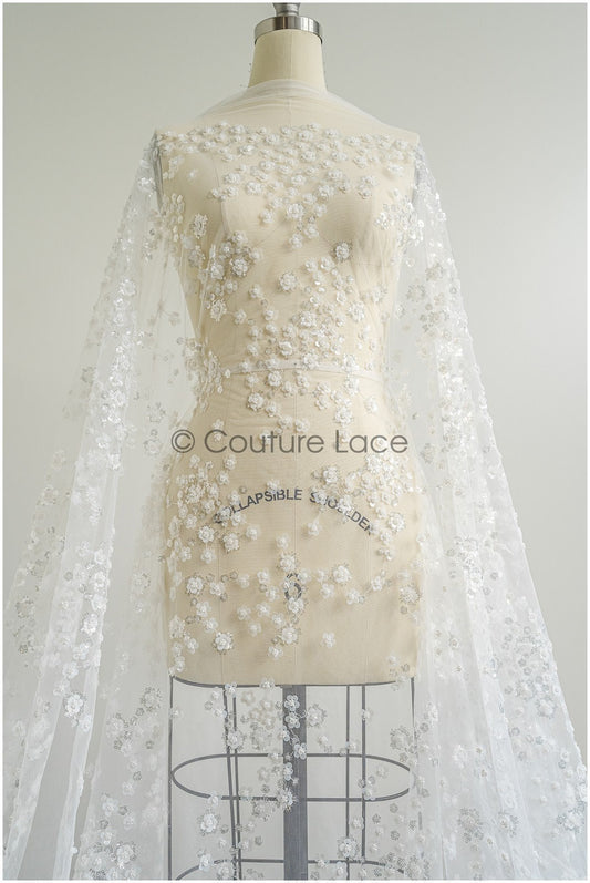Floral pearl lace fabric off-white silver/ Bridal lace fabric with pearls &amp; sequins/ Bridal lace with flowers// L22-451