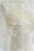 Wunderschöner 3D Blumen Spitzenstoff Off-White/ Braut Couture Spitzenstoff/ 3D Brautspitze mit Ästen & Blättern// L22-452