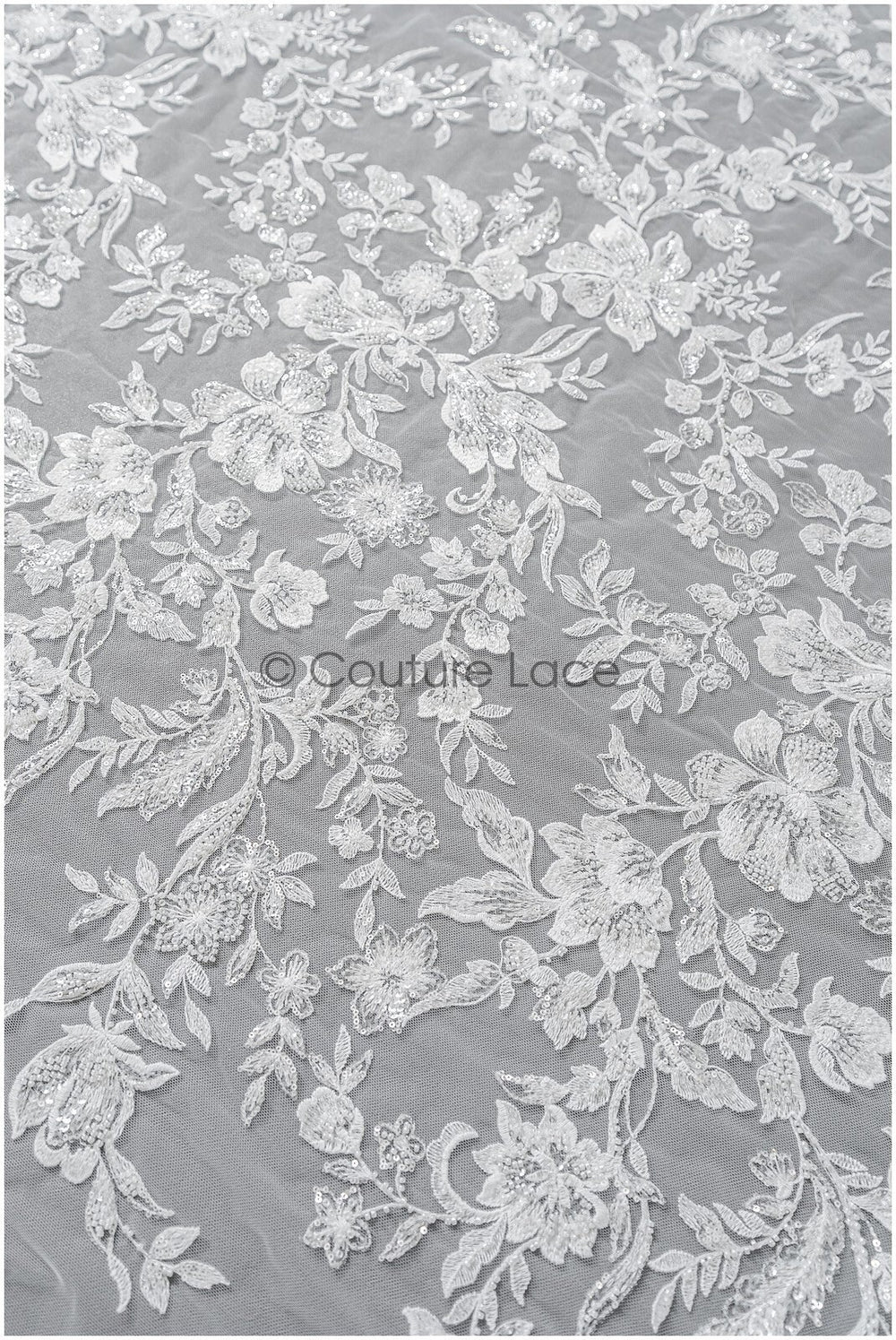 Floral lace fabric with pearls &amp; sequins/ Bridal lace off-white/ Bridal lace with pearl flowers// L22-457