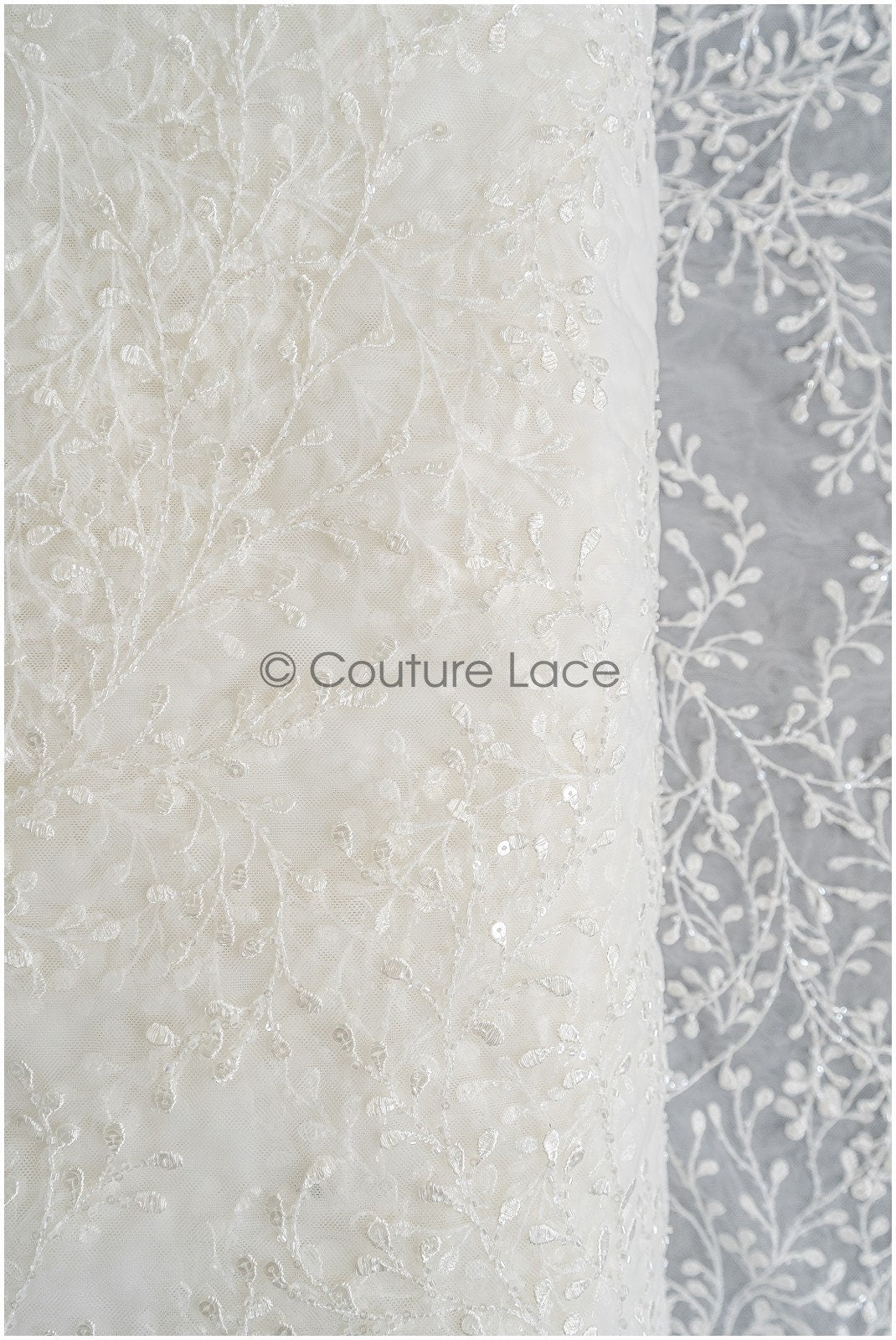 Floral lace fabric with sequins/ Couture lace fabric off-white/ delicate lace fabric with branches// L22-462