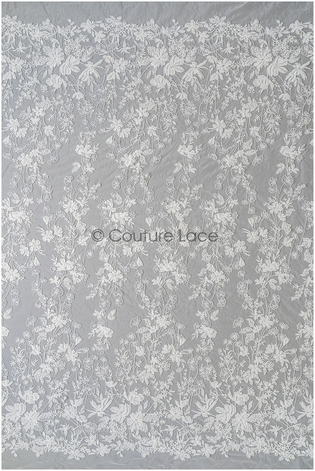 Wildflower lace fabric off-white/ Bridal couture lace fabric with pearls &amp; sequins/ Bridal lace with branches &amp; leaves// L22-485