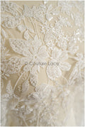 Wildflower lace fabric off-white/ Bridal couture lace fabric with pearls &amp; sequins/ Bridal lace with branches &amp; leaves// L22-485