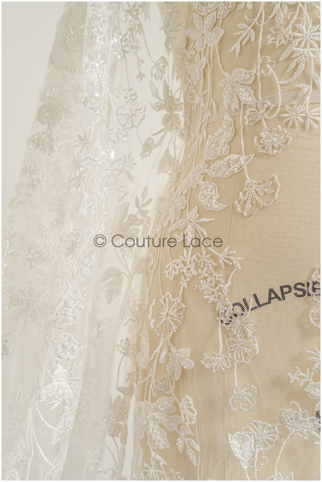 Wildflower lace fabric off-white/ Bridal couture lace fabric with pearls &amp; sequins/ Bridal lace with branches &amp; leaves// L22-485