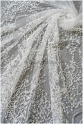Beaded lace fabric with small leaves/ Couture lace fabric with beads and sequins/ L22-487-REST-1.3YDS