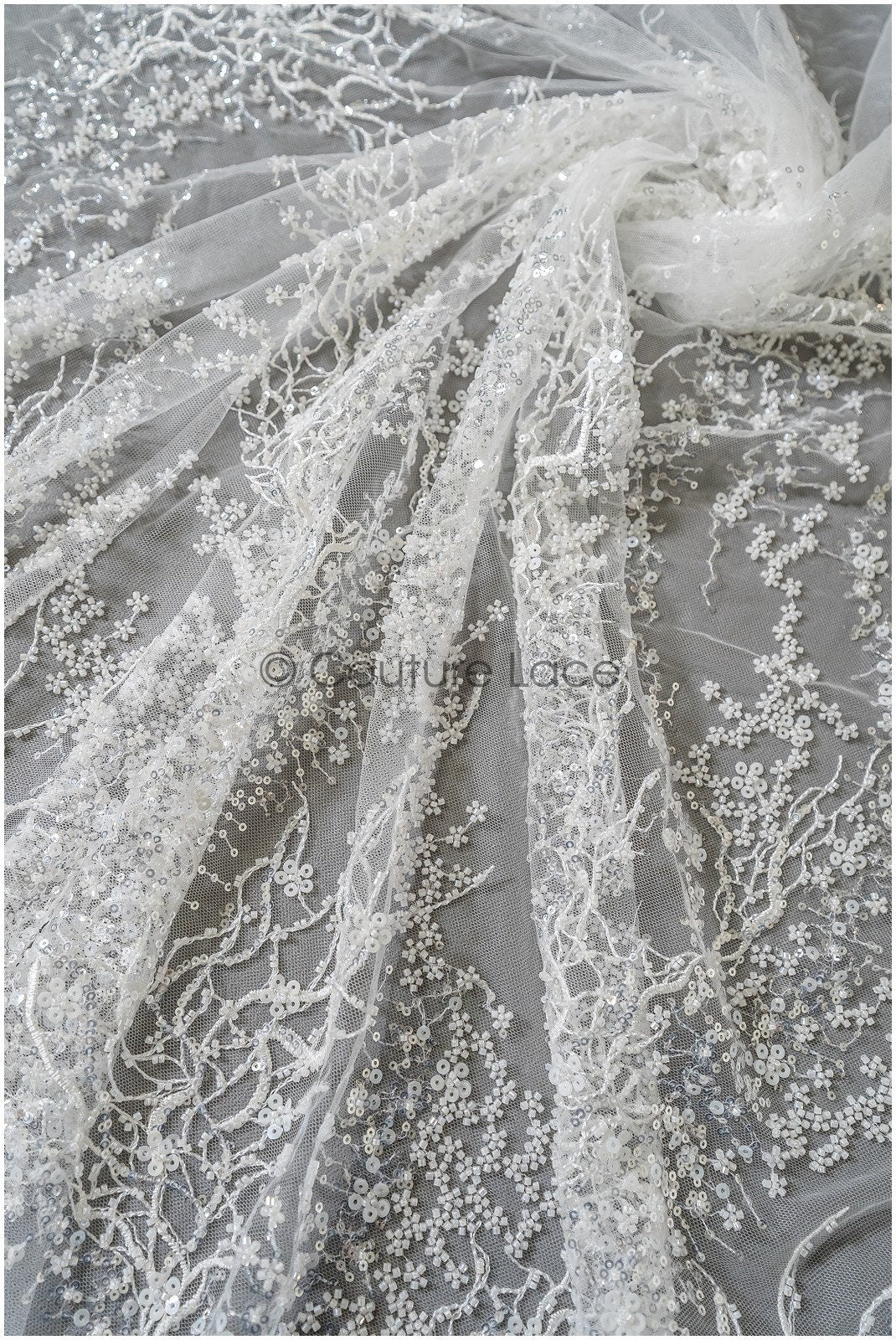 Beaded lace fabric with small leaves/ Couture lace fabric with beads and sequins/ L22-487-REST-1.3YDS