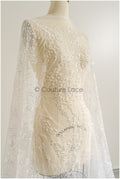 Beaded lace fabric with small leaves/ Couture lace fabric with beads and sequins/ L22-487-REST-1.3YDS