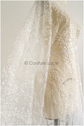 Beaded lace fabric with small leaves/ Couture lace fabric with beads and sequins/ L22-487-REST-1.3YDS