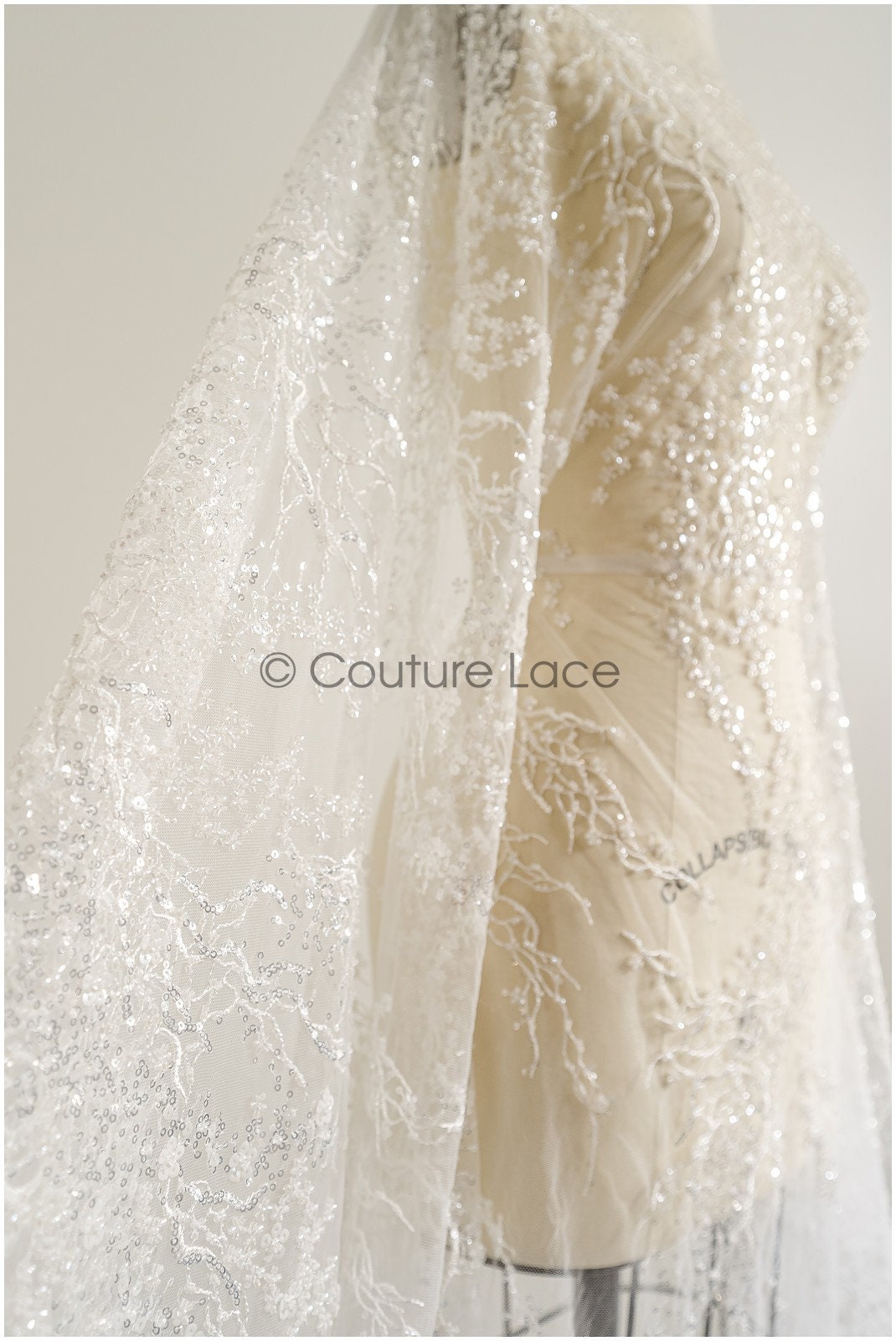 Beaded lace fabric with small leaves/ Couture lace fabric with beads and sequins/ L22-487-REST-1.3YDS