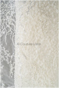 Beaded lace fabric with small leaves/ Couture lace fabric with beads and sequins/ L22-487-REST-1.3YDS