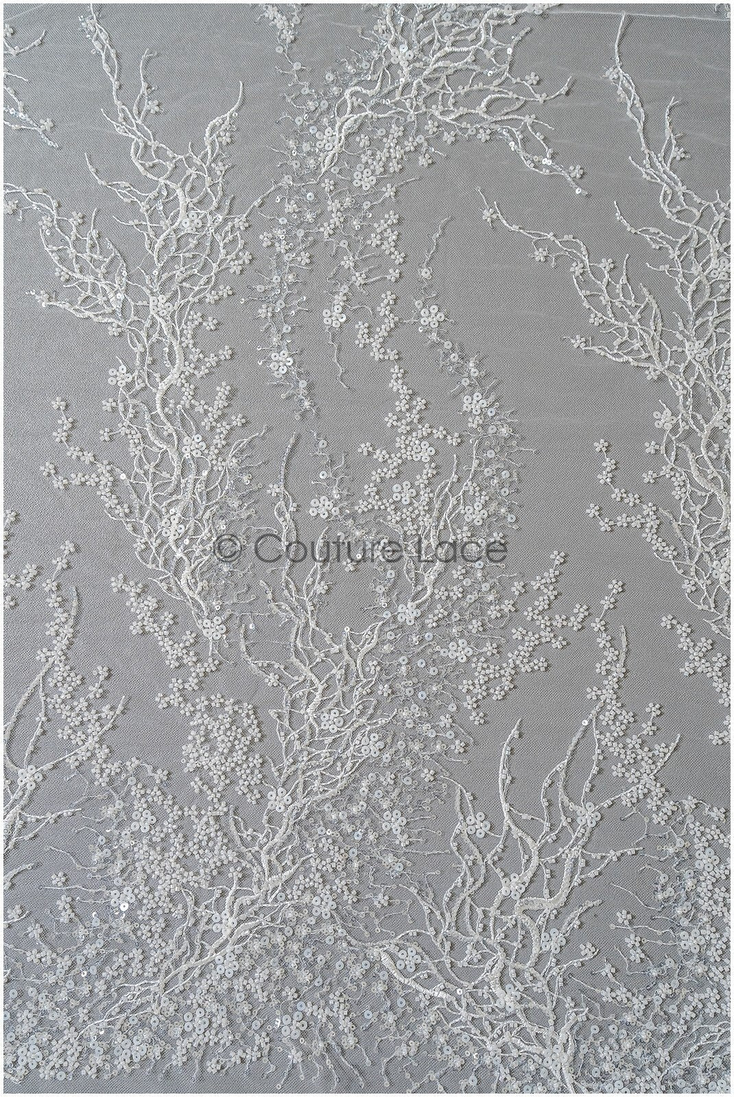 Beaded lace fabric with small leaves/ Couture lace fabric with beads and sequins/ L22-487-REST-1.3YDS