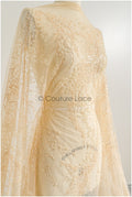 Beautiful champagne pearl lace fabric with small leaves, couture lace fabric with pearls and sequins, champagne pearl fabric// L22-484