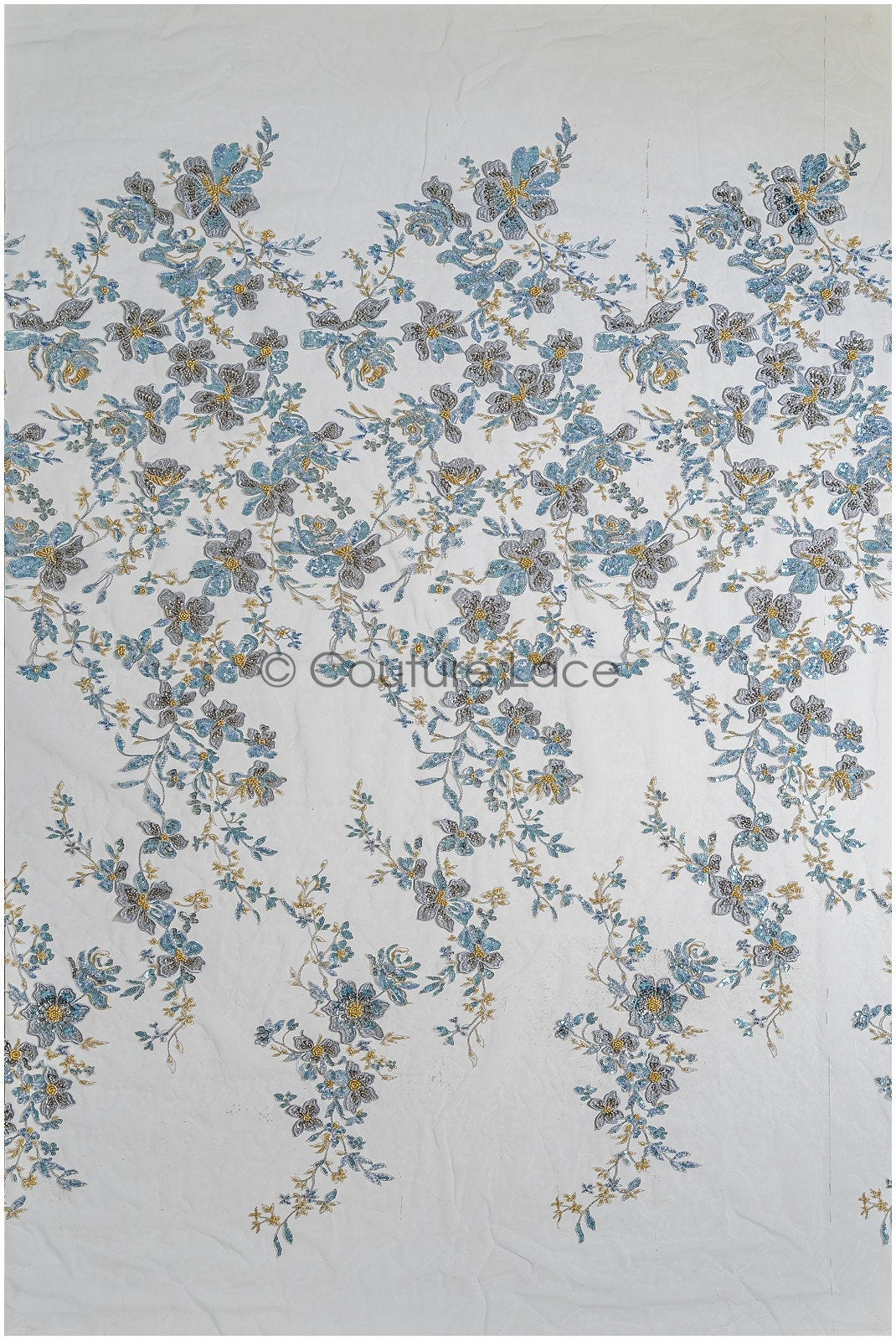 Wunderschöner blau gelber Spitzenstoff mit Blumen, Couture Spitzenstoff mit Perlen und Pailletten, blau goldfarbener Spitzenstoff// L22-483