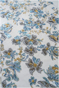 Wunderschöner blau gelber Spitzenstoff mit Blumen, Couture Spitzenstoff mit Perlen und Pailletten, blau goldfarbener Spitzenstoff// L22-483