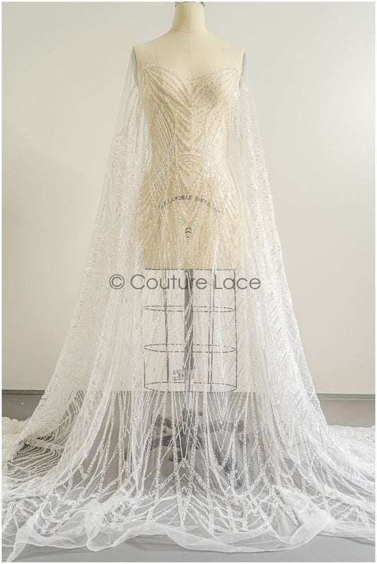 Wunderschöner perlenbesetzter Spitzenstoff mit kleinen Blättern/ Couture Spitzenstoff mit Perlen & Pailletten/ Brautspitze mit Zweigen// L22-482