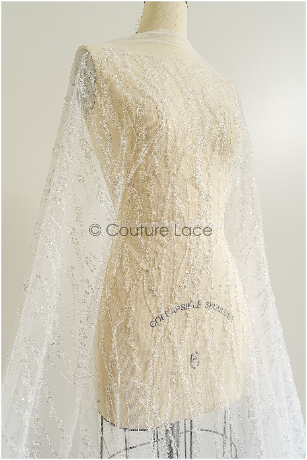 Beautiful pearl lace fabric with lines/ Couture lace fabric with pearls &amp; sequins/ Bridal lace off-white// L22-467