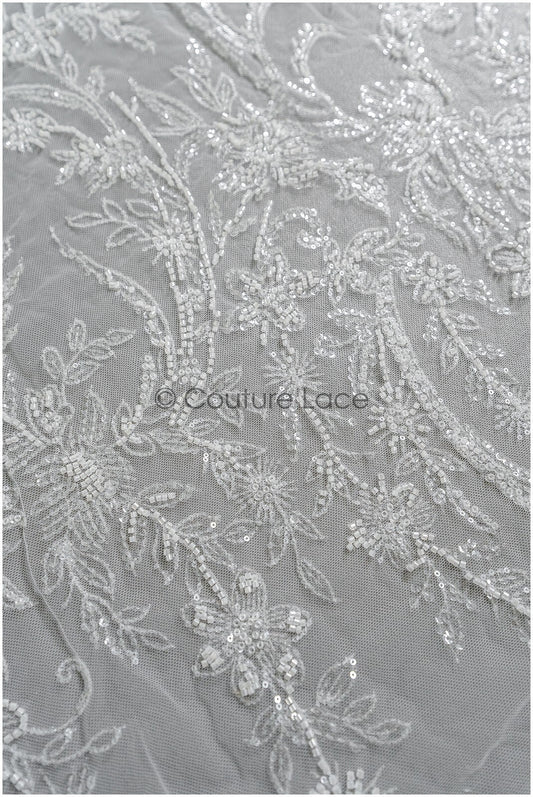 Perlen Spitzenstoff Off-White/ Couture Spitzenstoff mit Perlen & Pailletten/ Braut florale Spitze// L22-468