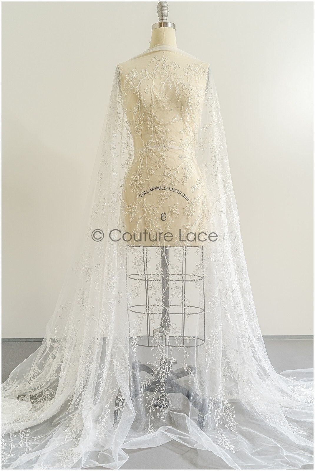 Beautiful pearl lace fabric with fine leaves/ Couture lace fabric with pearls &amp; sequins/ Bridal lace off-white// L22-469