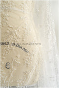 Beautiful pearl lace fabric with fine leaves/ Couture lace fabric with pearls &amp; sequins/ Bridal lace off-white// L22-469