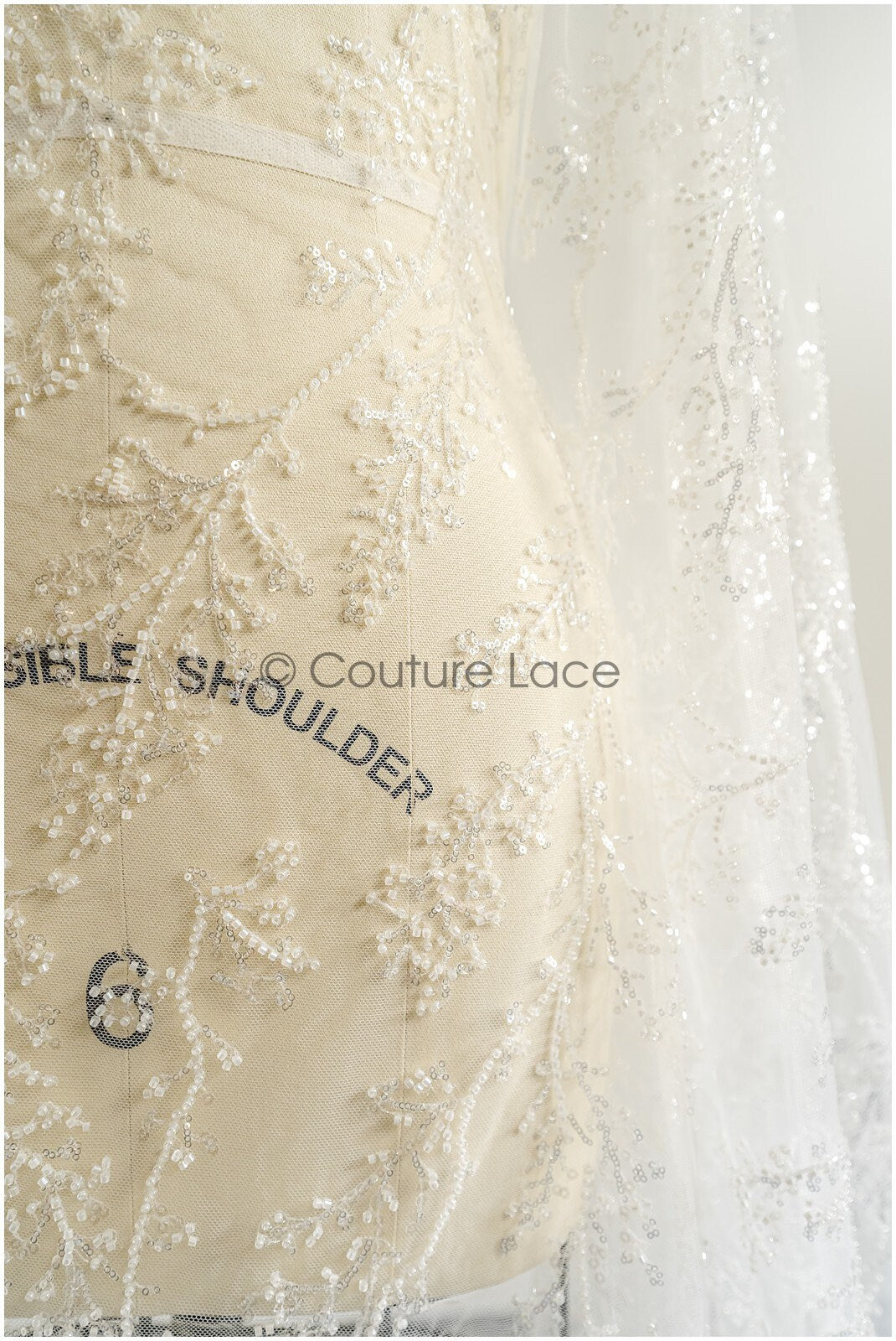 Beautiful pearl lace fabric with fine leaves/ Couture lace fabric with pearls &amp; sequins/ Bridal lace off-white// L22-469