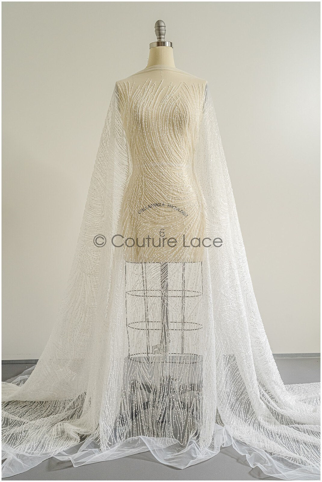 Heavy lace fabric with lines/ Couture lace fabric with beads &amp; sequins/ Couture lace fabric off-white// L22-472