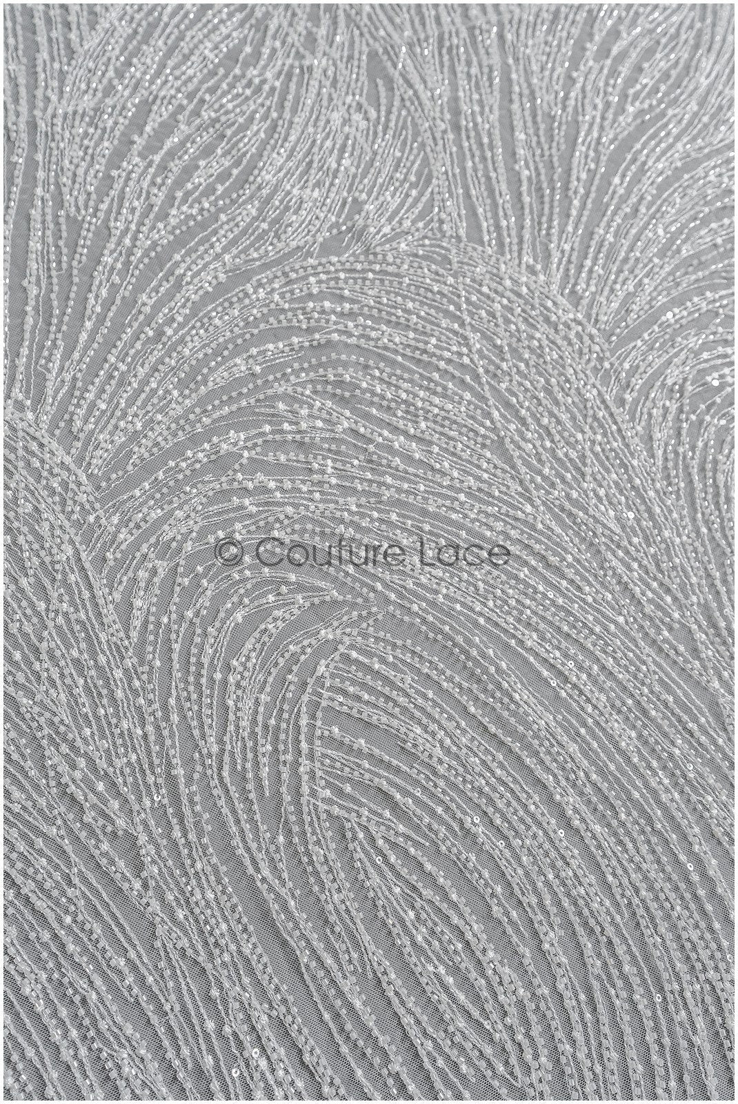 Heavy lace fabric with lines/ Couture lace fabric with beads &amp; sequins/ Couture lace fabric off-white// L22-472