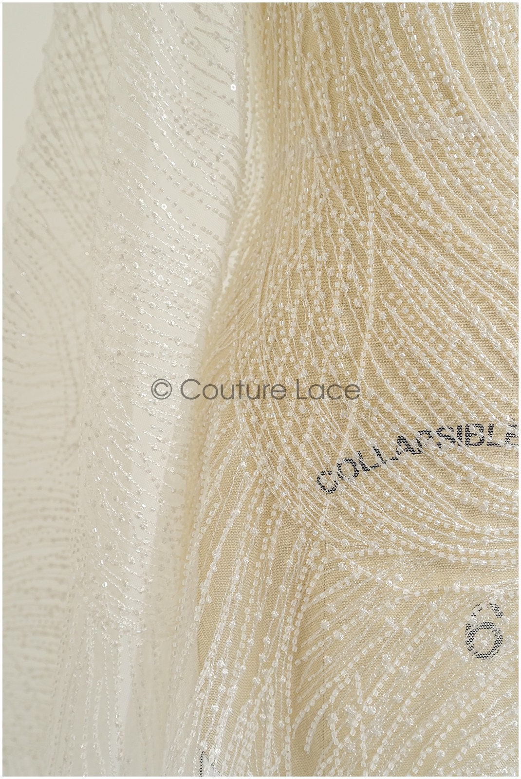 Heavy lace fabric with lines/ Couture lace fabric with beads &amp; sequins/ Couture lace fabric off-white// L22-472