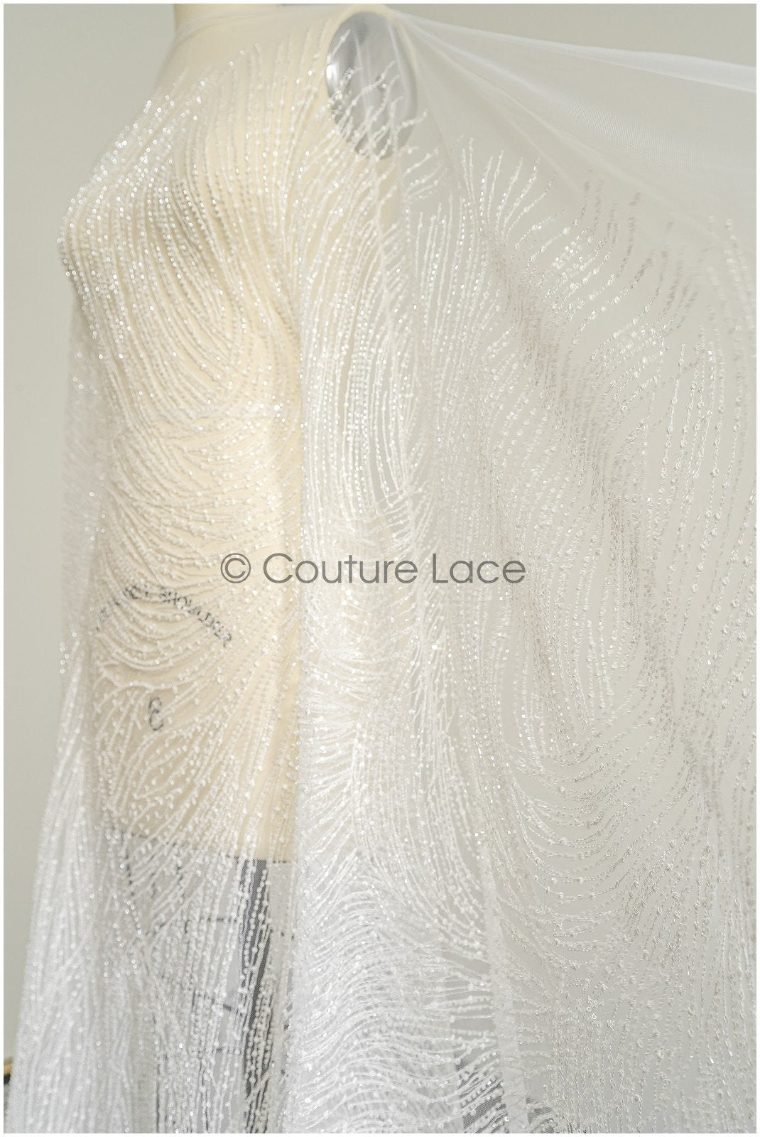 Heavy lace fabric with lines/ Couture lace fabric with beads &amp; sequins/ Couture lace fabric off-white// L22-472