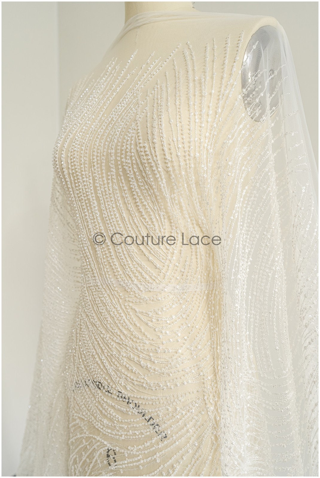 Heavy lace fabric with lines/ Couture lace fabric with beads &amp; sequins/ Couture lace fabric off-white// L22-472