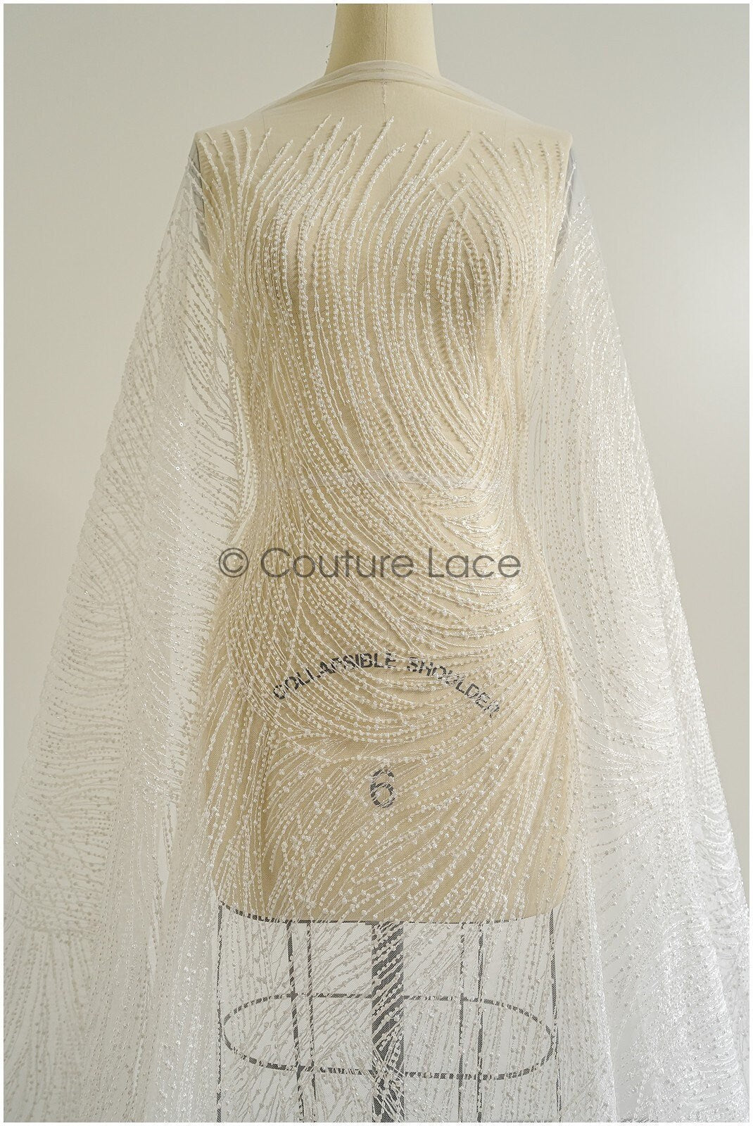 Heavy lace fabric with lines/ Couture lace fabric with beads &amp; sequins/ Couture lace fabric off-white// L22-472