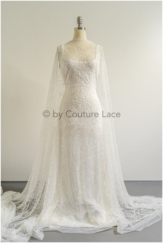 Schwerer Spitzenstoff mit Linien/ Couture Spitzenstoff mit Perlen & Pailletten/ Couture Spitzenstoff Off-White/ Brautspitze// L22-490