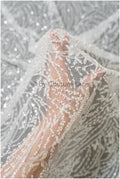Schwerer Spitzenstoff mit Linien/ Couture Spitzenstoff mit Perlen & Pailletten/ Couture Spitzenstoff Off-White/ Brautspitze// L22-490