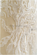 Heavy lace fabric with lines/ Couture lace fabric with beads &amp; sequins/ Couture lace fabric/ Bridal lace// L22-491