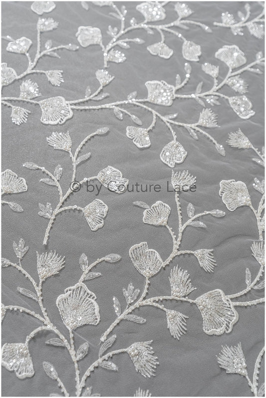 Schwerer Spitzenstoff mit Linien/ Couture Spitzenstoff mit Perlen & Pailletten/ Couture Braut Spitzenstoff/ Brautspitze// L22-494
