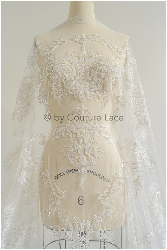 Schwerer Braut Perlenstoff Off-White/ Spitzenstoff mit Perlen & Pailletten/ Couture Spitzenstoff/ Brautspitzenstoff// L22-492
