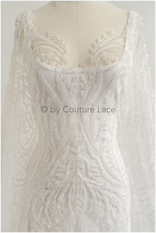 Schwerer Braut Spitzenstoff mit verschnörkelten Muster/ Perlenspitze Off-White/ Couture Spitzenstoff/ Brautspitze// L22-495