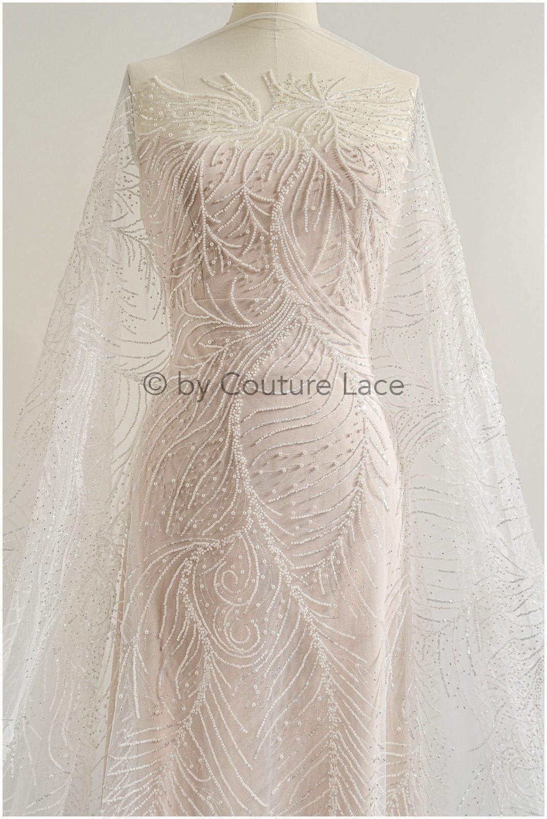 Perlen Spitzenstoff Off-White Silber/ Couture Spitzenstoff mit Perlen/ Braut Spitzenstoff/ Spitze für Brautkleid// L22-496
