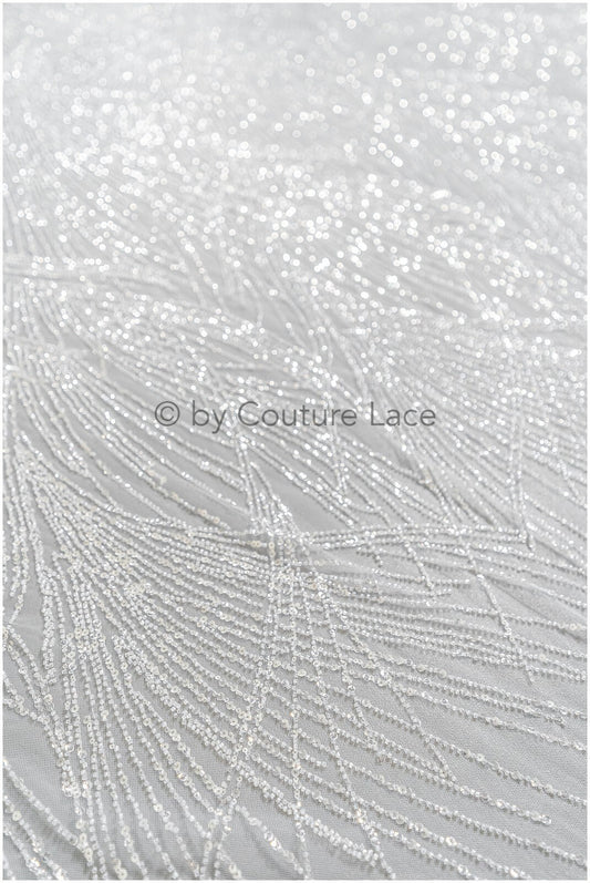 Glitter pearls lace fabric with lines/ Couture lace fabric with pearls/ Couture lace fabric/ Bridal lace// L22-142B