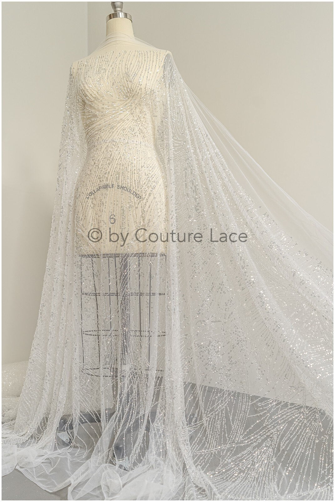 Glitter pearls lace fabric with lines/ Couture lace fabric with pearls/ Couture lace fabric/ Bridal lace// L22-142B