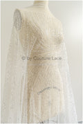 Glitter pearls lace fabric with lines/ Couture lace fabric with pearls/ Couture lace fabric/ Bridal lace// L22-142B