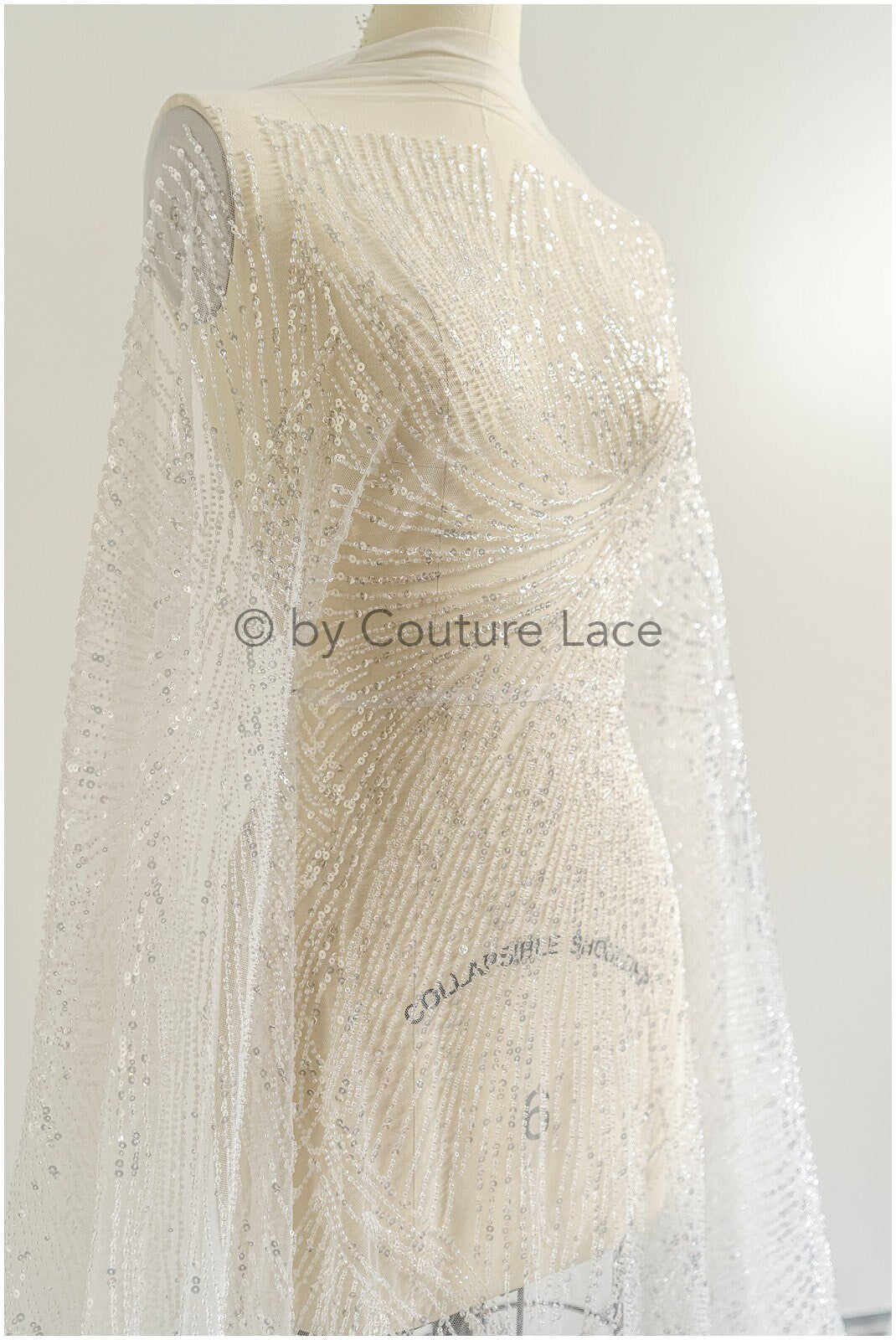Glitter pearls lace fabric with lines/ Couture lace fabric with pearls/ Couture lace fabric/ Bridal lace// L22-142B