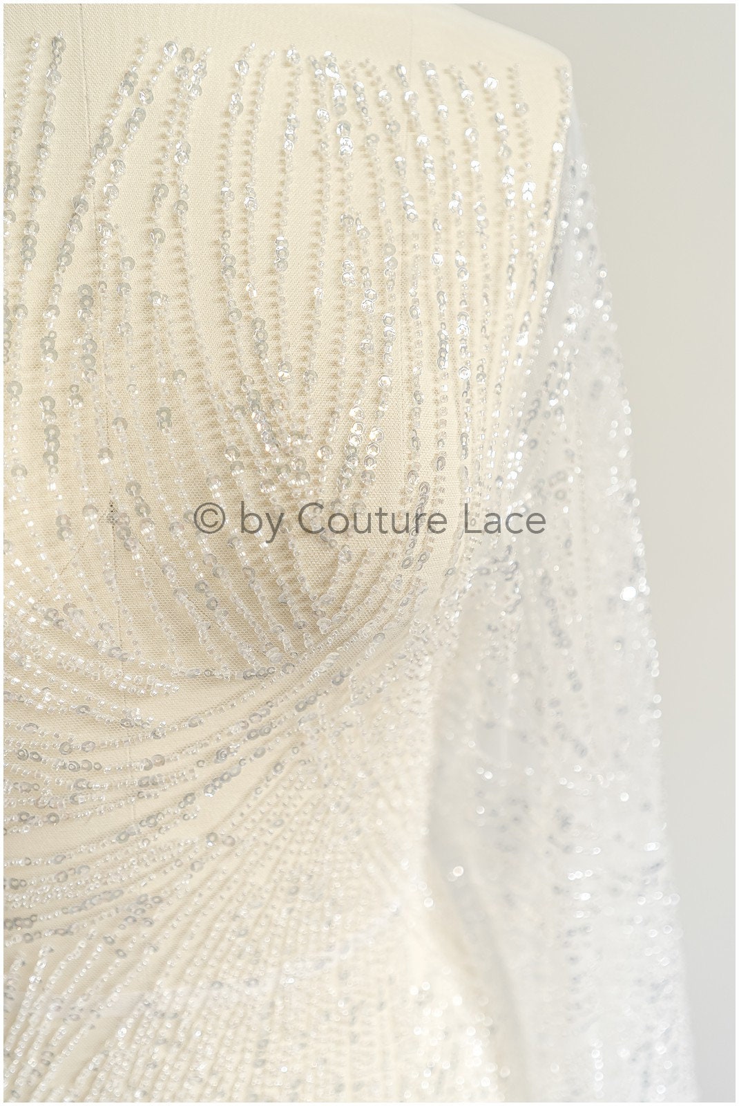 Glitter pearls lace fabric with lines/ Couture lace fabric with pearls/ Couture lace fabric/ Bridal lace// L22-142B