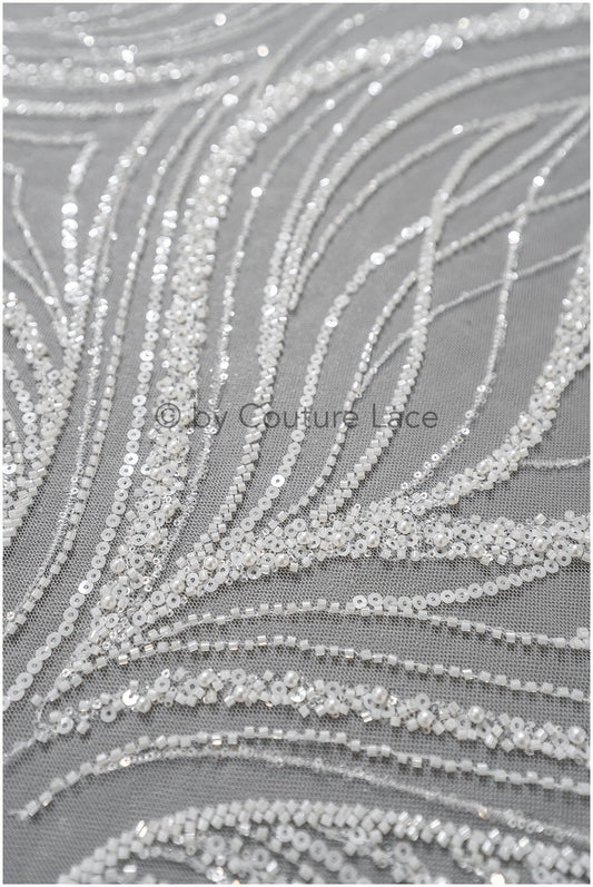 Glitzerperlen Spitzenstoff mit Linien/ Couture Spitzenstoff mit Perlen/ Couture Spitzenstoff Off-White// L22-499