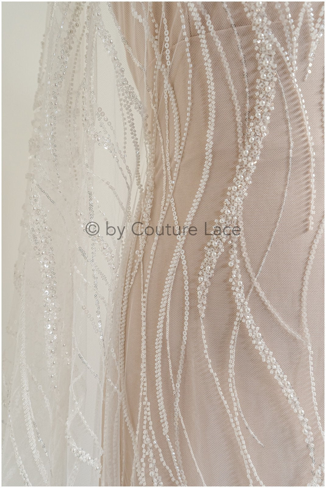1.5yds Glitter Beaded Lace Fabric with Lines/ Couture Lace Fabric with Beads/ Couture Lace Fabric Off-White// L22-499 (Copy)