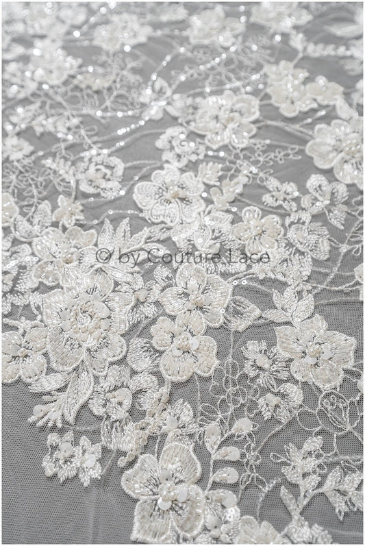 Schwerer Perlen Spitzenstoff Off-White/ Couture Spitzenstoff mit Blumen/ Braut Designer Spitze// L22-505