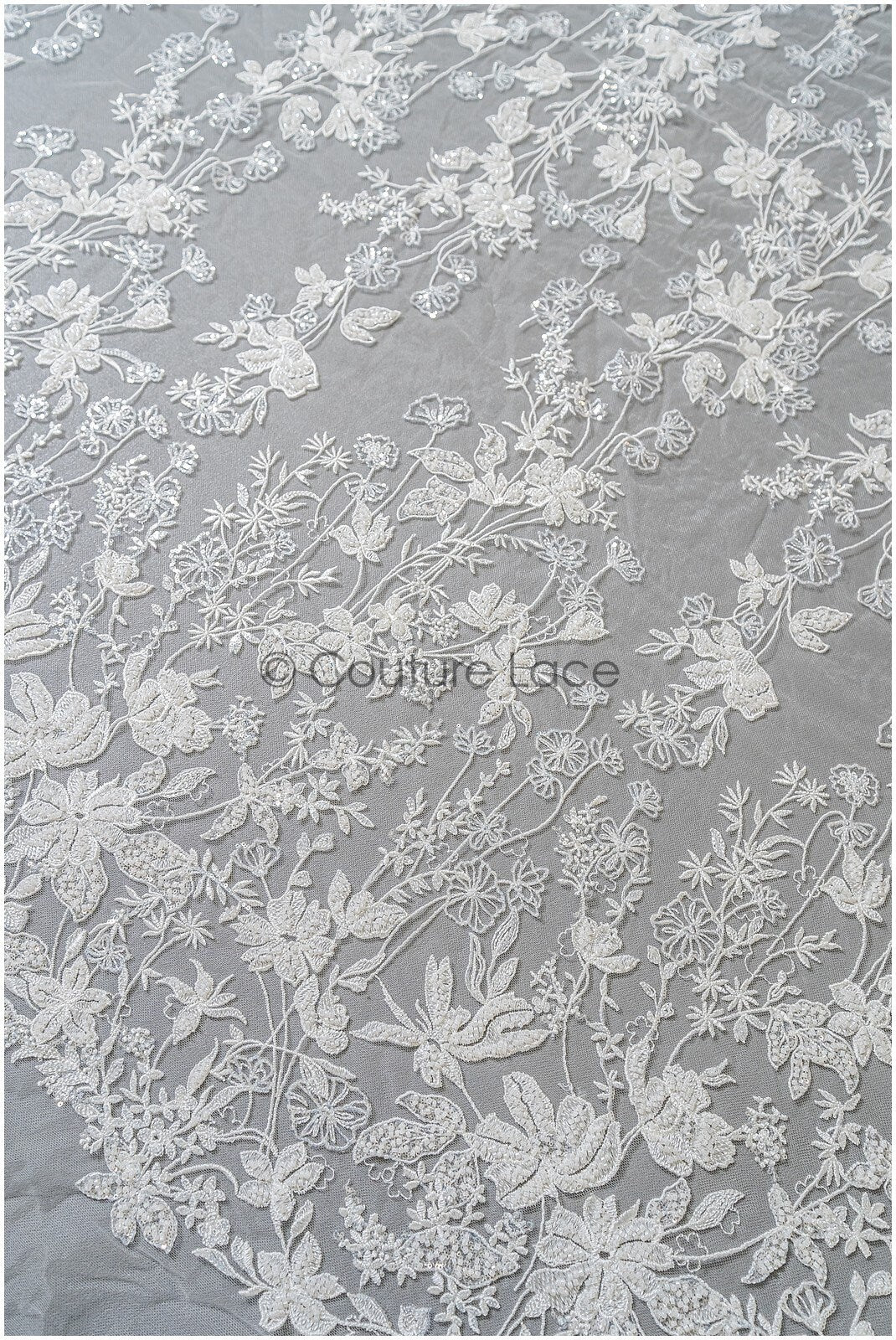 Wildflower lace fabric off-white/ Bridal couture lace fabric with pearls &amp; sequins/ Bridal lace with branches &amp; leaves// L22-485