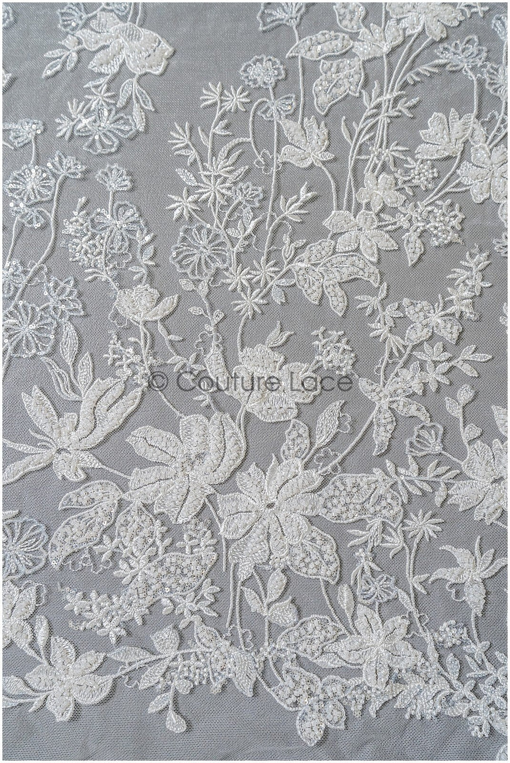 Wildflower lace fabric off-white/ Bridal couture lace fabric with pearls &amp; sequins/ Bridal lace with branches &amp; leaves// L22-485
