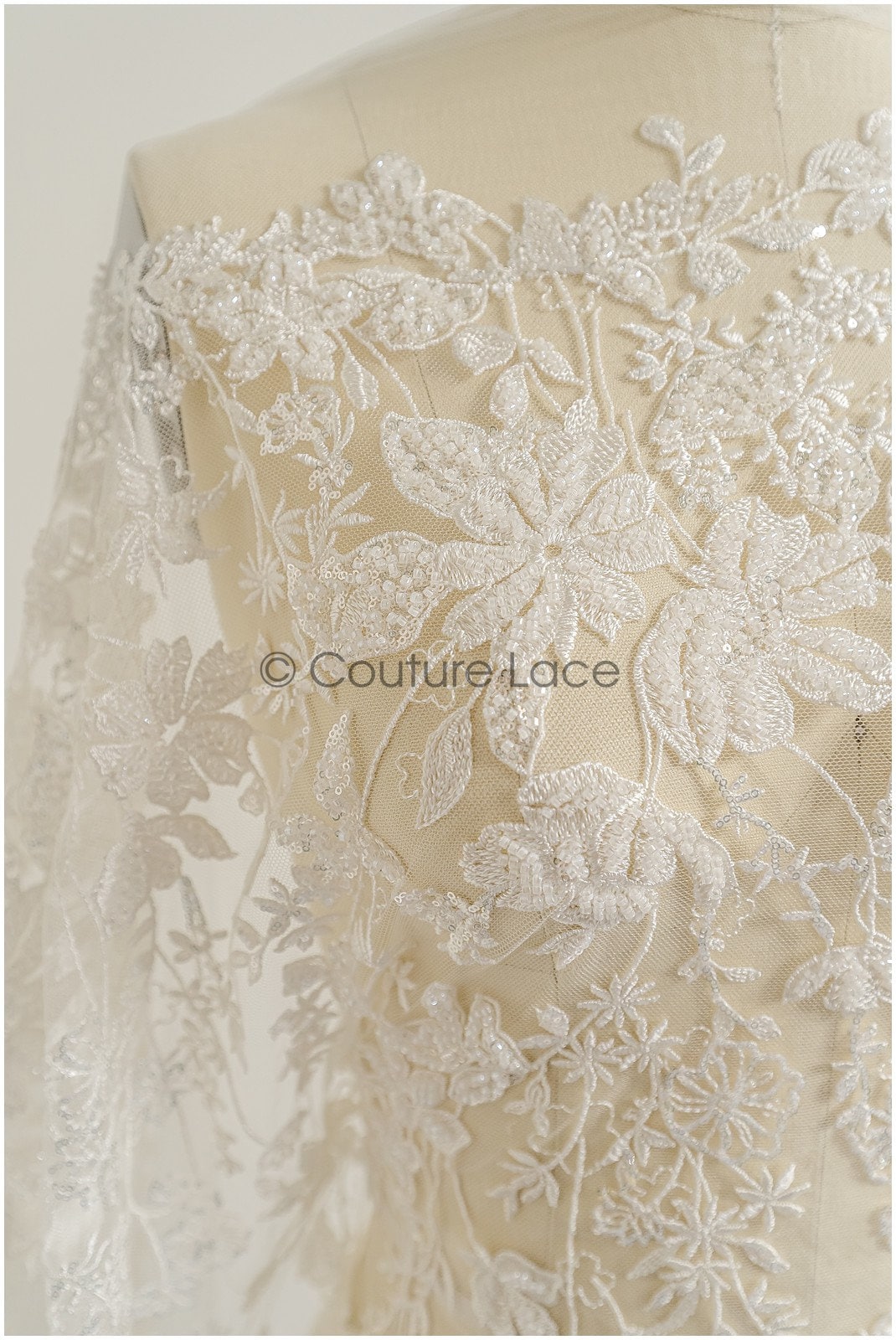 Wildflower lace fabric off-white/ Bridal couture lace fabric with pearls &amp; sequins/ Bridal lace with branches &amp; leaves// L22-485